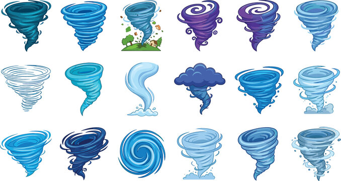 Colorful tornado and twister vector icon set featuring blue purple and teal hurricane storm vortex whirlwind and water cyclone wind shapes