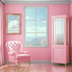 Obraz premium Pink armchair and cabinet in monochrome pink themed room.