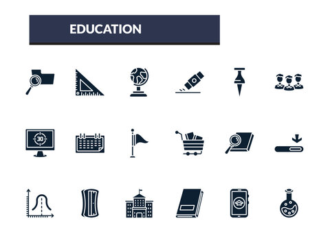 filled education icons set - school globe, eraser, pushpin, group of people. editable vector for web and mobile ui