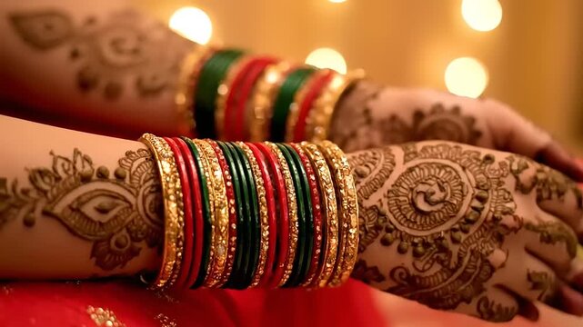 Close-up of Brides Hands Adorned with Mehendi and Bangles.