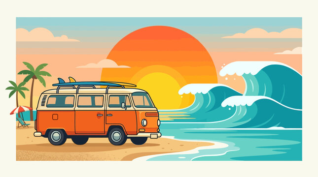 A cheerful illustration shows a retro orange camper van with surfboards on a sandy beach, palm trees, vibrant sunset, and crashing ocean waves, evoking summer.