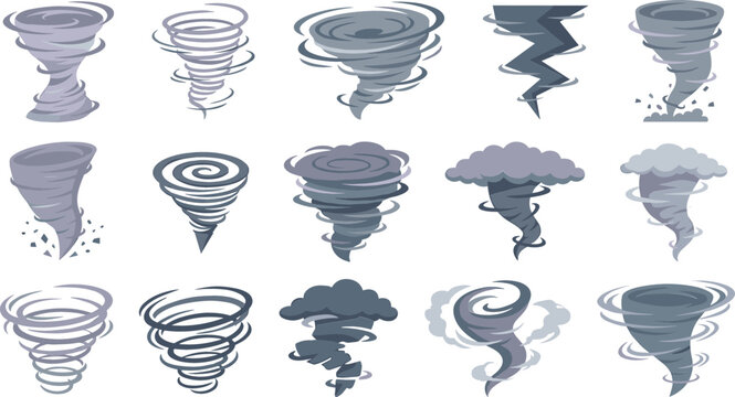 Tornado and twister vector icon set featuring various hurricane storm vortex whirlwind and cyclone wind shapes isolated on a clean white background