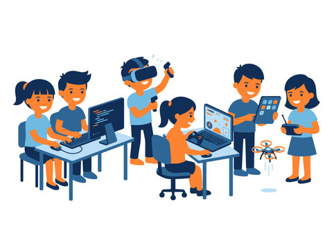 Diverse children engaged in various technology and science activities