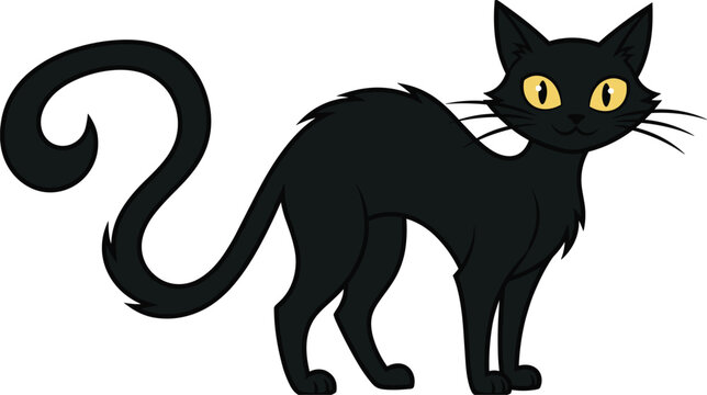 A cute black cat with yellow eyes arching its back and tail in a spooky halloween pose for holiday designs and spooky graphics