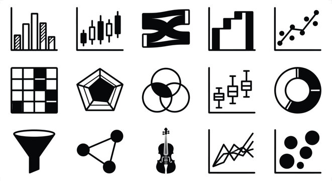 Diverse data visualization icons including bar charts scatter plots Venn diagrams and a funnel for analytics and presentation graphics