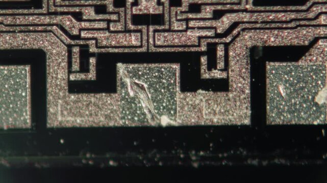 Macro Close-up Shot of Microchip, CPU Processor on Printed Circuit Board, Computer Motherboard with Components Inside of Electronic Device, Part of Supercomputer microscop.