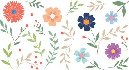 Elegant floral botanical vector arrangement featuring colorful flowers, leaves, berries and decorative natural elements for modern artistic designs © LaifurRahman