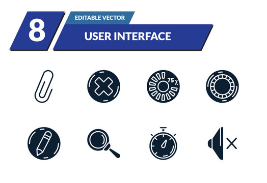filled user interface icons set - shaped paper clip, round delete button, round loading progress, hue circle. editable vector for web and mobile ui