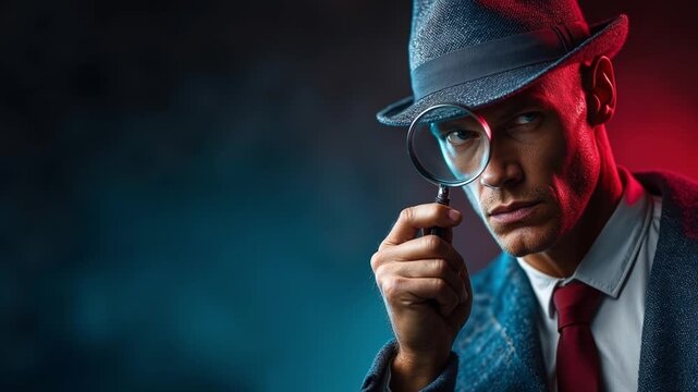 Mysterious detective in hat and suit looking through magnifying glass in dark cinematic lighting.