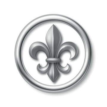 Vector 3d Silver Fleur De Lis Symbol in Round Frame. Elegant Royal Emblem. Classic French Heraldic Icon. Luxury Fleur De Lis Sign. Logo Design, Badge, Noble Decoration, Vintage Ornament