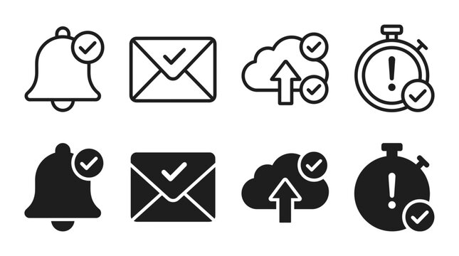 Communication and status notification icon set for email cloud upload and timer task completion with notification
