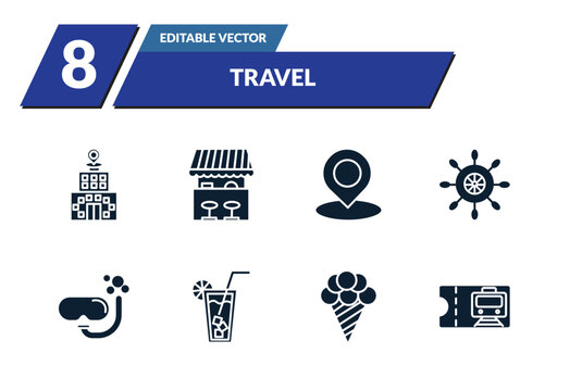 filled travel icons set - station, food stand, landmark, rudder. editable vector for web and mobile ui
