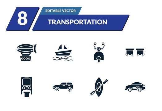 filled transportation icons set - zeppelin, pt boat, scooter front view, wagon. editable vector for web and mobile ui