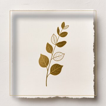 Golden botanical twig illustration on textured paper in a glass frame