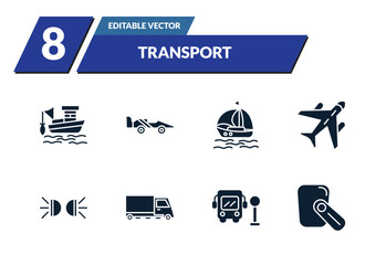 Obraz premium filled transport icons set - fishing boat, formula 1, sailing boat with veils, air transport. editable vector for web and mobile ui