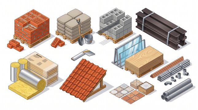 Isometric illustration of construction materials: bricks, cement bags, cinder blocks, steel beams, glass, plywood, insulation, roof tiles, floor tiles, and pipes with tools on white background.