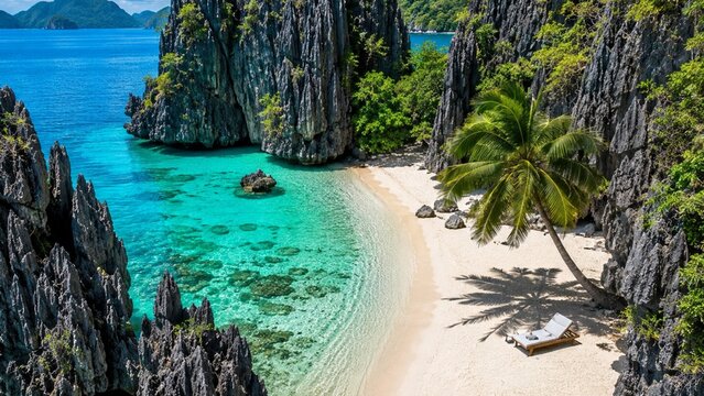Stunning aerial view of a secluded tropical white sand beach hidden between dramatic limestone cliffs and lush green palm trees with crystal turquoise ocean.
