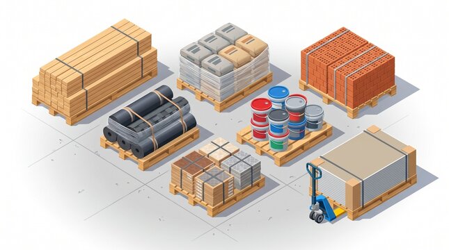 Isometric illustration of construction materials on pallets: lumber, bricks, cement bags, roofing rolls, tiles, paint buckets, and drywall sheets with a pallet jack on gray floor.