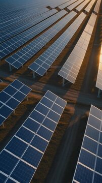Vast solar farm installation at sunset, showcasing renewable energy panels stretching into the distance with warm golden light