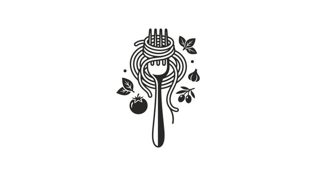 Minimalist black and white illustration of spaghetti wrapped around a fork with fresh ingredients.