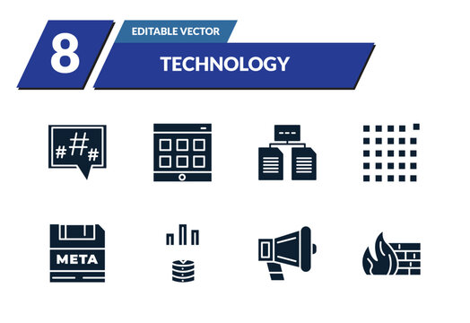 filled technology icons set - microblogging, web apps, data architecture, pixels per inch. editable vector for web and mobile ui