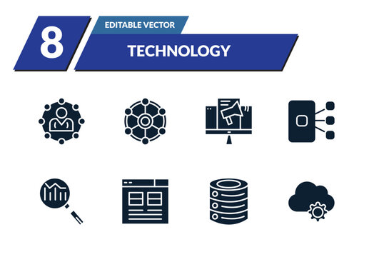 filled technology icons set - affiliate marketing, multichannel marketing, content marketing, content curation. editable vector for web and mobile ui