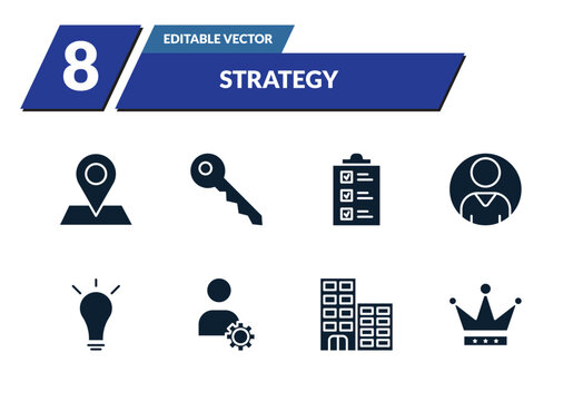 filled strategy icons set - positioning, key, planning, customer. editable vector for web and mobile ui