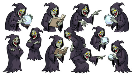 Fototapeta premium Set of cartoon characters depicting a wicked green witch casting magic spells and reading an old spell book