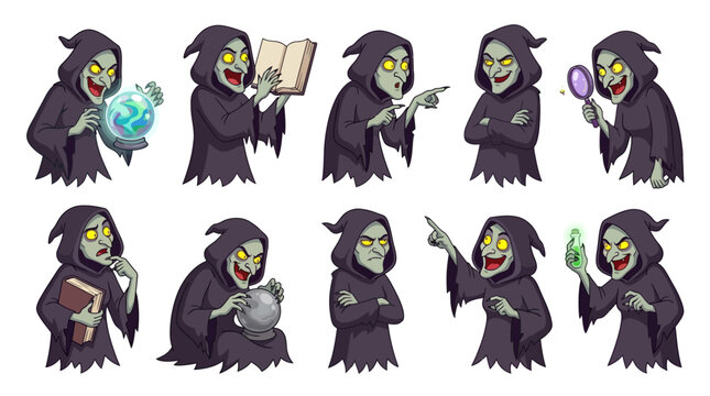 Set of cartoon evil witch characters in black robes performing different magical actions