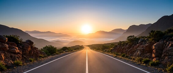 Obraz premium Scenic open road leading through mountainous landscape towards bright sun setting over misty valley at dawn peaceful journey.