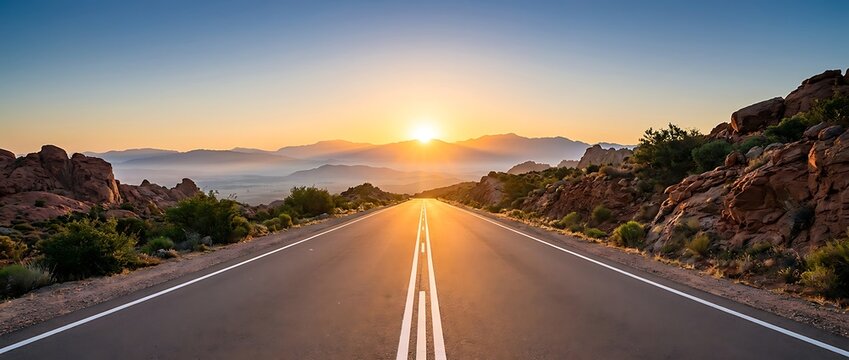 Long straight road vanishing into horizon at sunrise, sunburst over distant mountains and misty valley, clear sky with warm light casting on landscape and rocks.