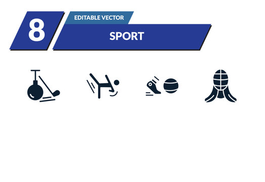 filled sport icons set - unicycling hockey, racewalking, discus throw, aikido. editable vector for web and mobile ui