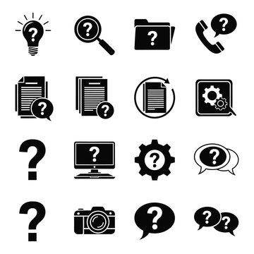 Black and white icons of various objects with question marks  business concept icon