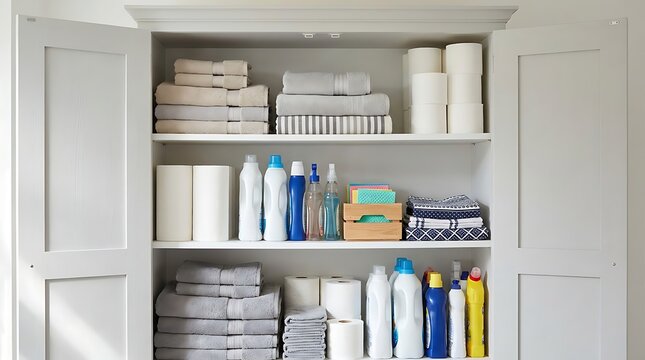 Neatly organized storage closet filled with stacked towels toilet paper rolls cleaning supplies bottles and folded linens ready for use in home laundry room.