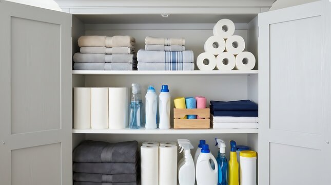 Neatly organized storage closet filled with stacked towels toilet paper rolls cleaning supplies bottles and folded linens ready for use in home laundry room.