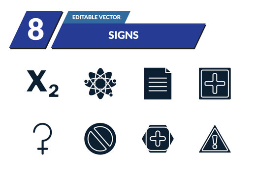 filled signs icons set - subscript, atom, text documents, add. editable vector for web and mobile ui