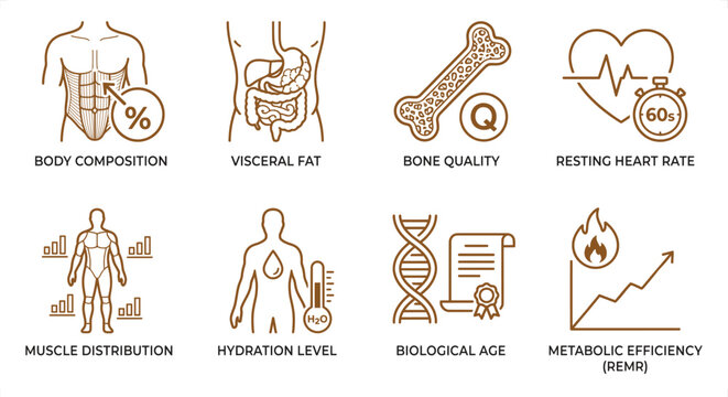 Health metrics icons showing body composition visceral fat bone quality heart rate muscle distribution hydration biological age and metabolic efficiency