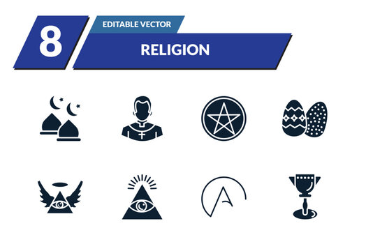 filled religion icons set - abrahamic, priest, pagan, easter eggs. editable vector for web and mobile ui