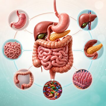 Detailed 3d medical illustration of the human digestive system showing various internal organs and functions