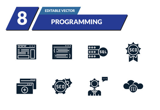 filled programming icons set - web page, code listing, mysql, seo badge. editable vector for web and mobile ui