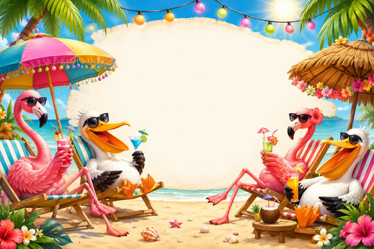 Funny flamingos and pelicans relaxing with tropical drinks on a sunny beach, creating a vibrant summer party background with plenty of copy space for invitations or announcements.