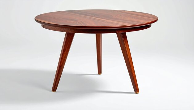 A polished, round, wood-grain table with three tapered legs