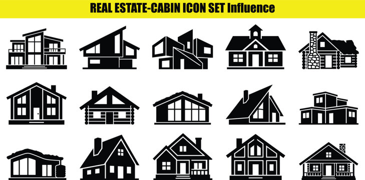 Assorted house shapes in a two tone style presenting a collection of residential building exteriors shape dwelling home exterior gable roof pitched