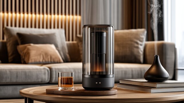 Modern aroma diffuser with flame light effect on coffee table in luxury living room
