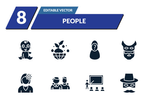 filled people icons set - baby zone, ecosystem, unknown, devil mask. editable vector for web and mobile ui