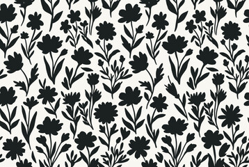 Black floral silhouette pattern on a clean white background © ati