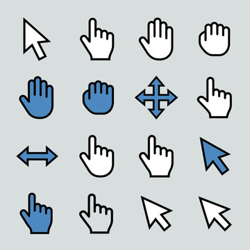 Set of blue and white computer mouse cursor icons