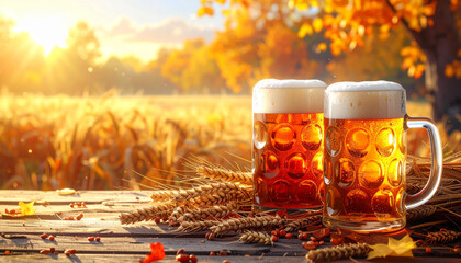 Beer Mugs In Autumn Field