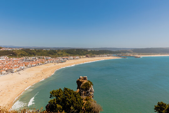 Aerial view of the city of Nazare, Portugal and the Praia, Portugal