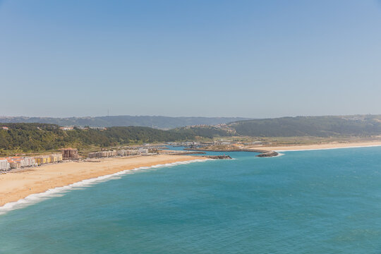 Aerial view of the city of Nazare, Portugal and the Praia, Portugal